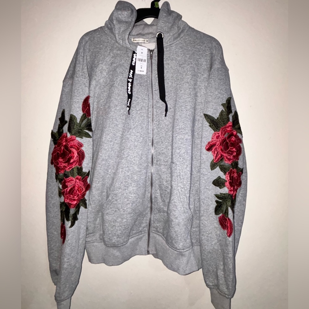 Emma & Sam Oversized Gray Jacket with Red Floral Embroidery